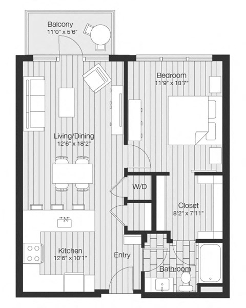 Floor plan for 1 bed, 1 bath, 750 sqft